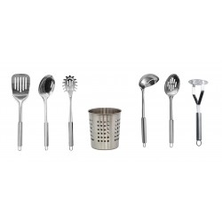 Set 7 ustensile pentru bucatarie si suport, din inox,...